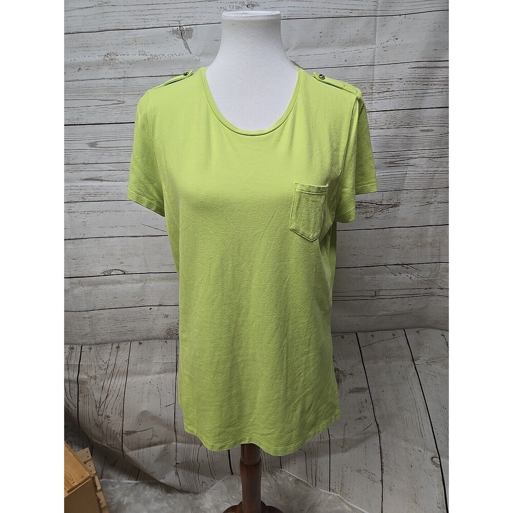 Talbots Top Shirt Green Crew Neckline Short Sleeves Gold Buttons Epaulettes XL
